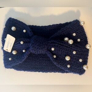 Shimmery.co Pearl Knitted Bow Head Band Turban in Navy Blue